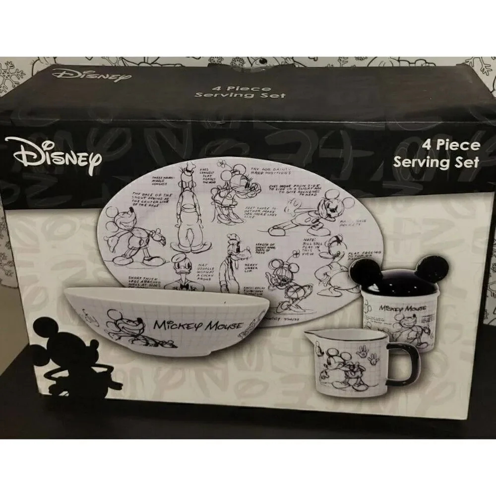 Disney Mickey Mouse Sketchbook 4 Piece Serving Set Platter Bowl Creamer Sugar
